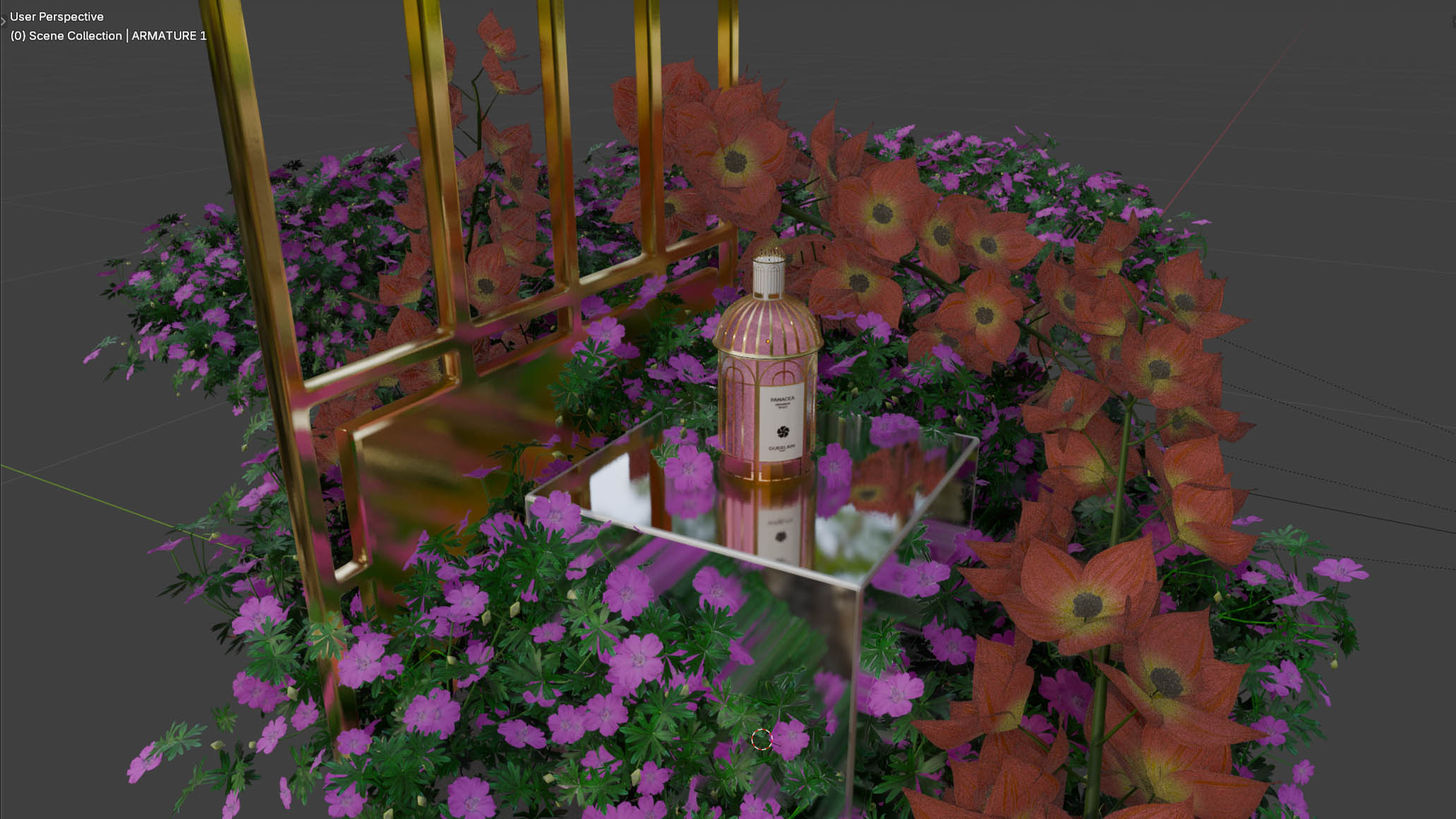 Sène 3D Blender : parfum, fleurs et porte en métal.