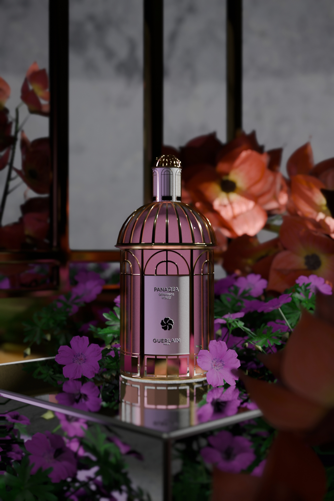 Parfum Guerlain Panacea. Parfum sur un miroir avec des plantes en fond.