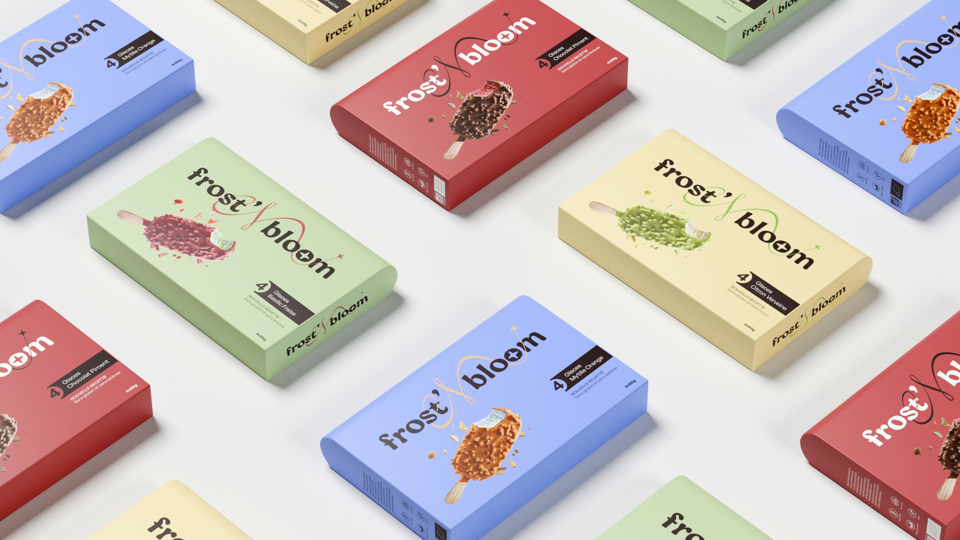 Mockup avec tous les packaging des glace Frost'n'Bloom