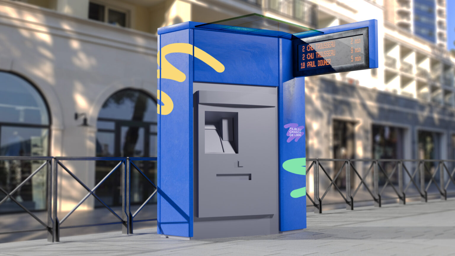 Borne ticket dans la rue avec tracés de couleurs